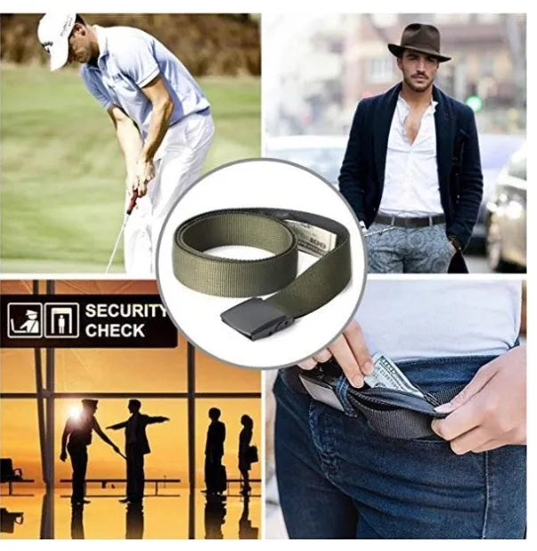 Travel security money belt with plastic buckle, 125cm long and 3.8cm wide, shown flat against a neutral background