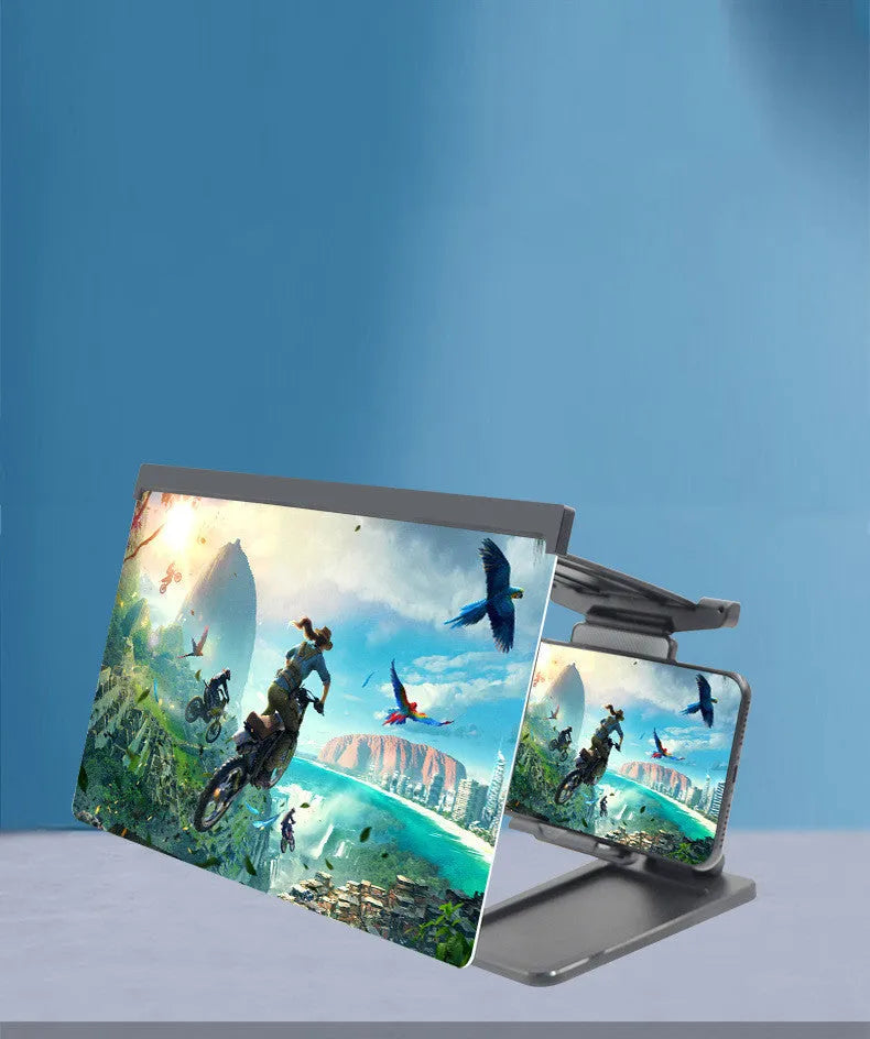 Black folding mobile phone screen amplifier with detachable holder showing 12-inch curved magnifier
