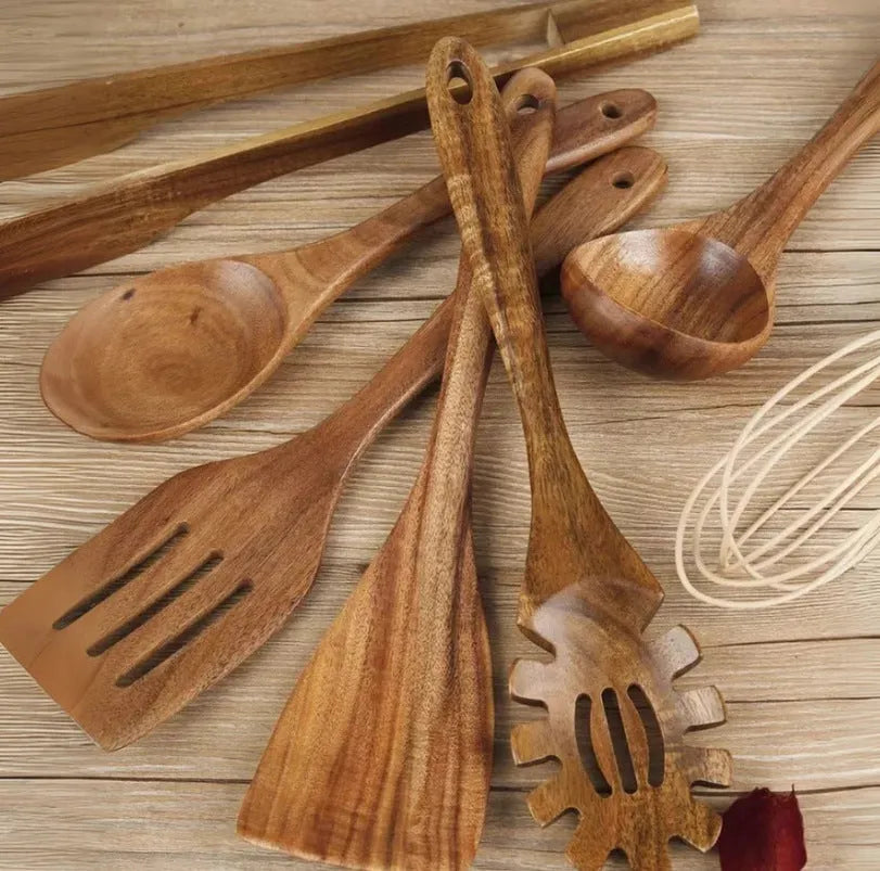 Seven wooden cooking utensils with spoon shovel designs for non-stick pans