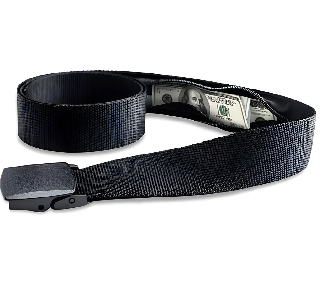Travel security money belt with plastic buckle, 125cm long and 3.8cm wide, shown flat against a neutral background