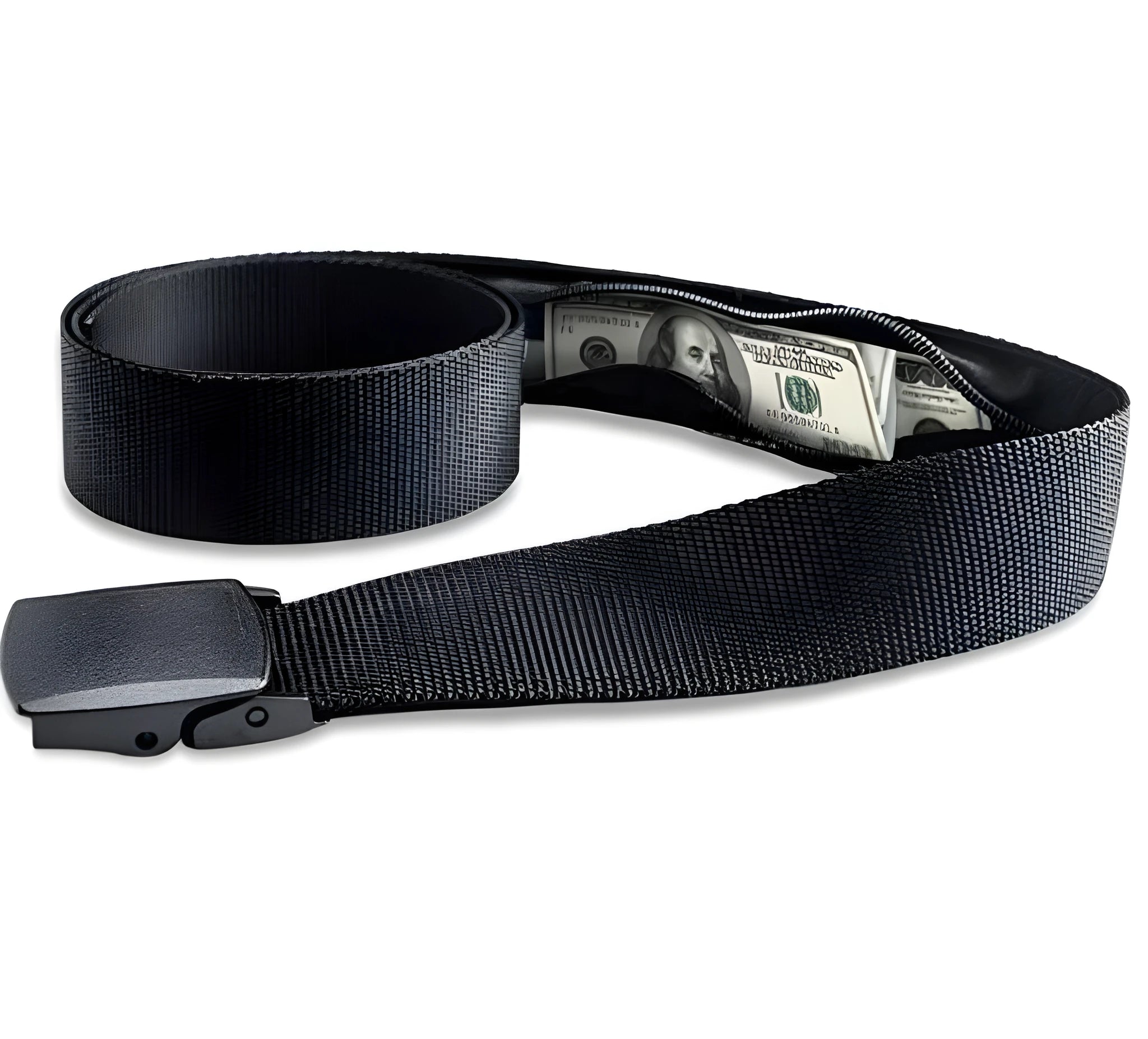 Travel security money belt with plastic buckle, 125cm long and 3.8cm wide, shown flat against a neutral background
