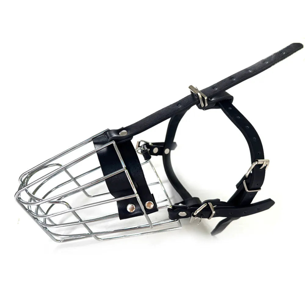 Black metal mesh dog muzzle designed for Golden Retrievers and German Shepherds.