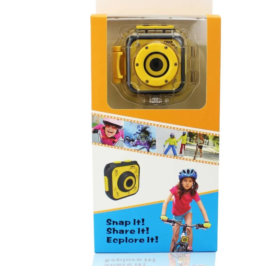 Yellow children's waterproof sports camera with 1.77 inch LCD screen and HD video capability