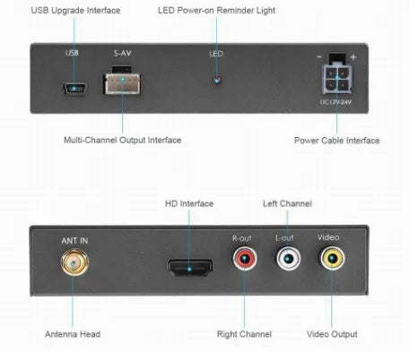 Black car mirror link Wi-Fi box with power cable, AV cable, antenna, and user manual for screen mirroring.