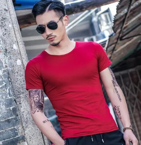 Men's short sleeve bamboo fibre blend t-shirt in blue, shown on a model.