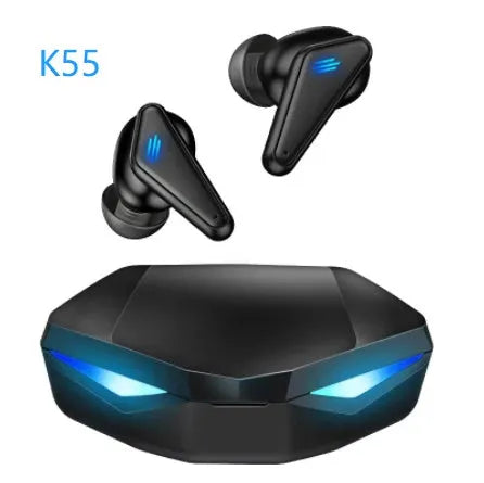 Blue Private Model K55 wireless Bluetooth gaming earbuds with TWS Bluetooth 5.0 and NFC function.