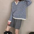 Retro loose cashmere striped sweater for women free size long sleeve pullover red blue colour block