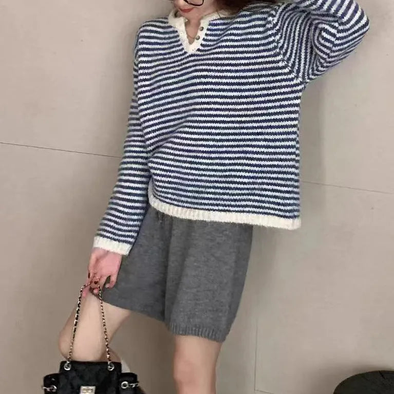 Retro loose cashmere striped sweater for women free size long sleeve pullover red blue colour block