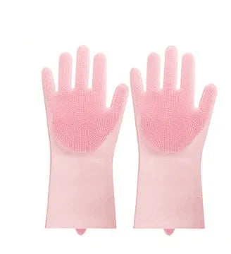 Silicone heat-resistant cleaning brush scrubbing gloves in blue with built-in sponge, non-slip, 357x165mm