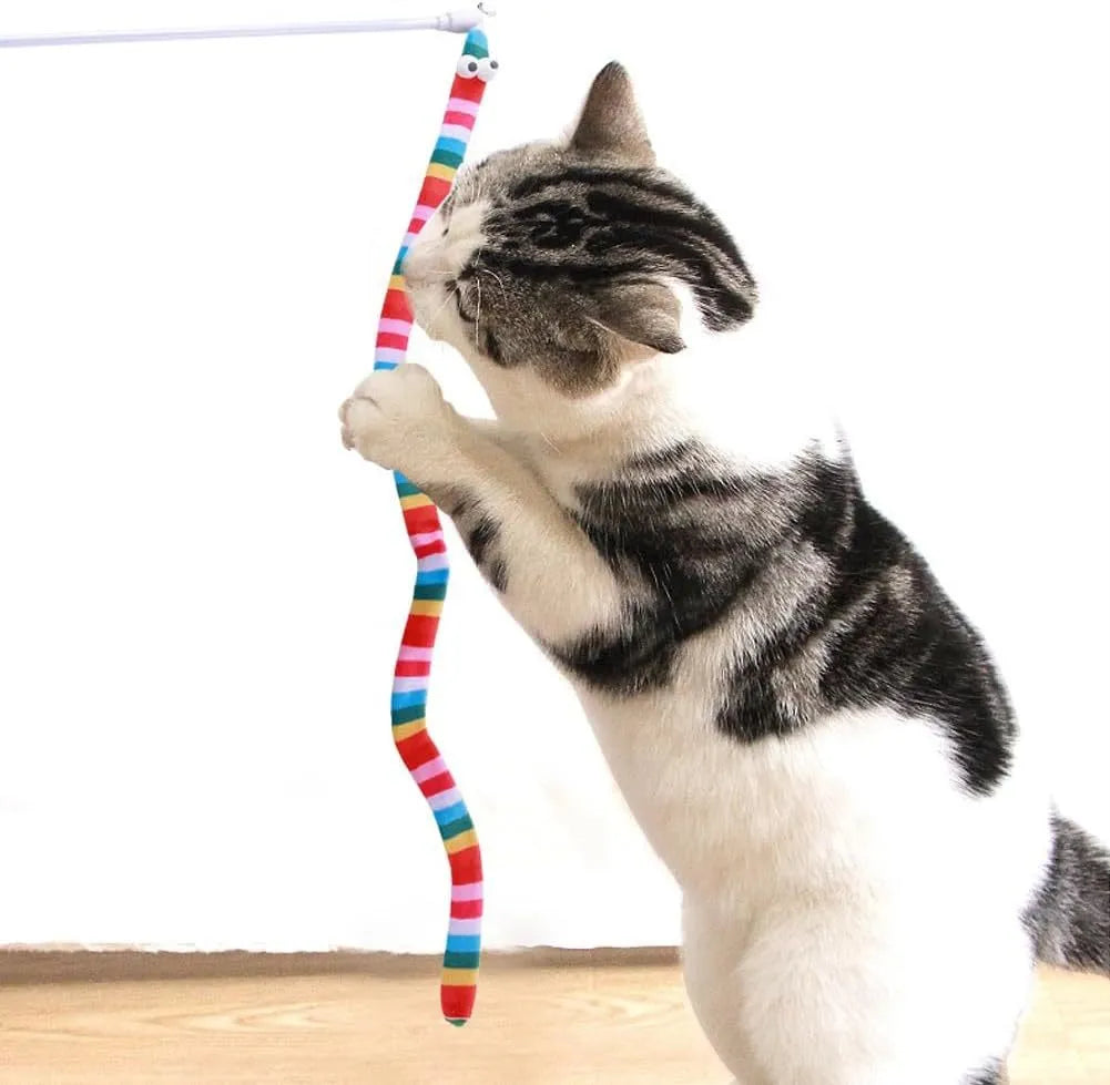Colourful cat teaser wand with a long plush strip and bell on a polycarbonate pole.