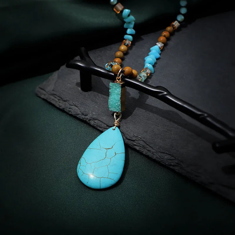 Turquoise blue heart pendant necklace with mixed gem inlay on ball bead chain