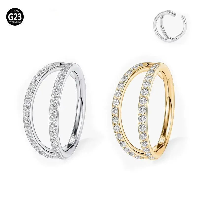 G23 titanium alloy puncture-style lip and nose ring in steel colour or gold finish.