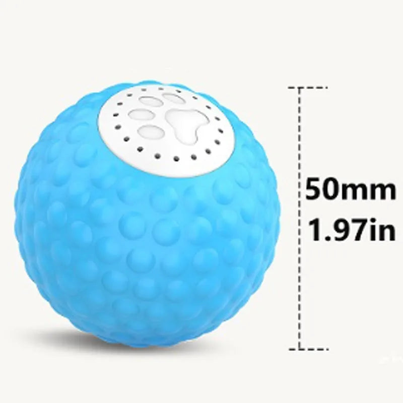 Blue remote control electronic cat toy ball rolling on a wooden floor.