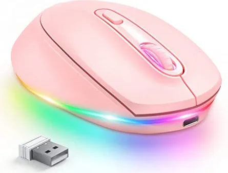 24g wireless rechargeable mouse in multiple colours, shown next to a USB charging cable.