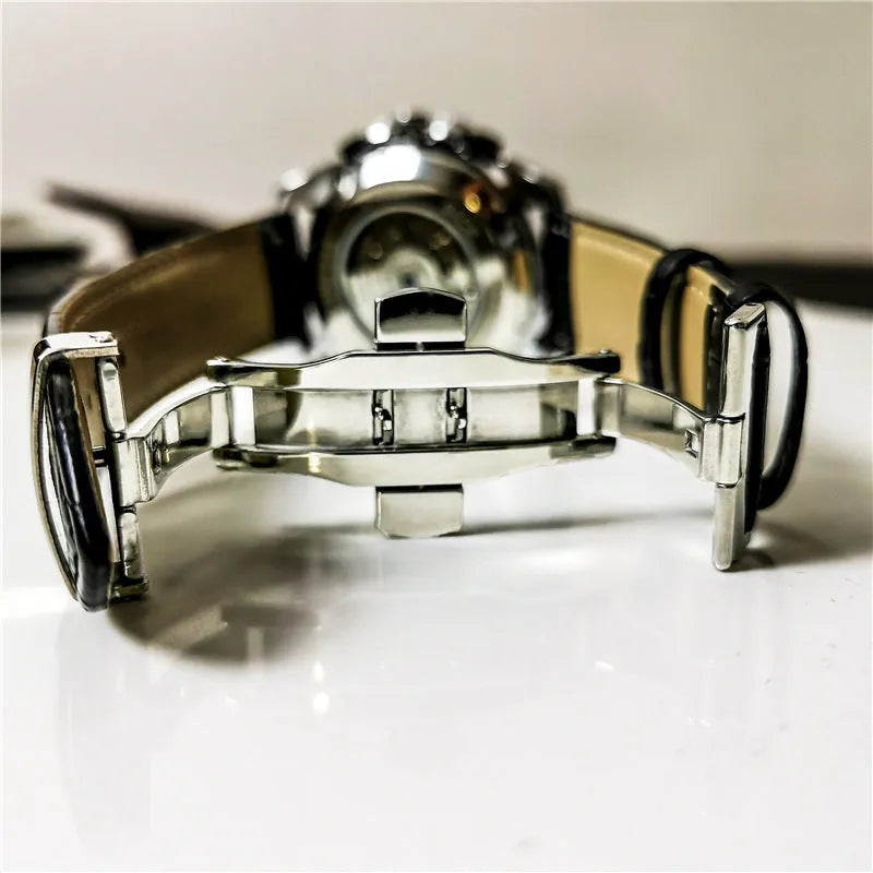 Men's automatic mechanical watch in silver case with white dial, black case with black dial, or gold steel options