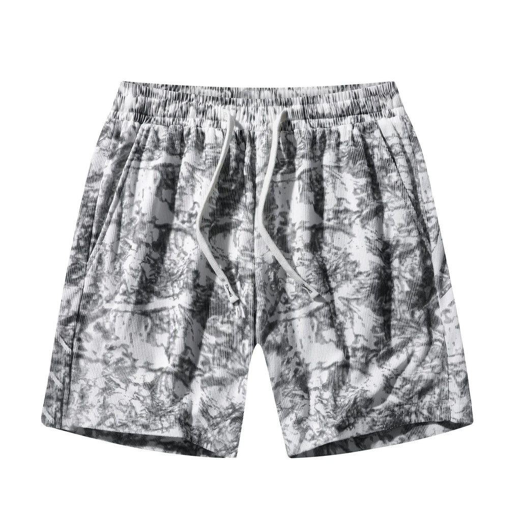 Men's black corduroy camouflage print athletic shorts with a high waist and straight-leg cut on a mannequin.