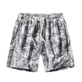 Men's black corduroy camouflage print athletic shorts with a high waist and straight-leg cut on a mannequin.