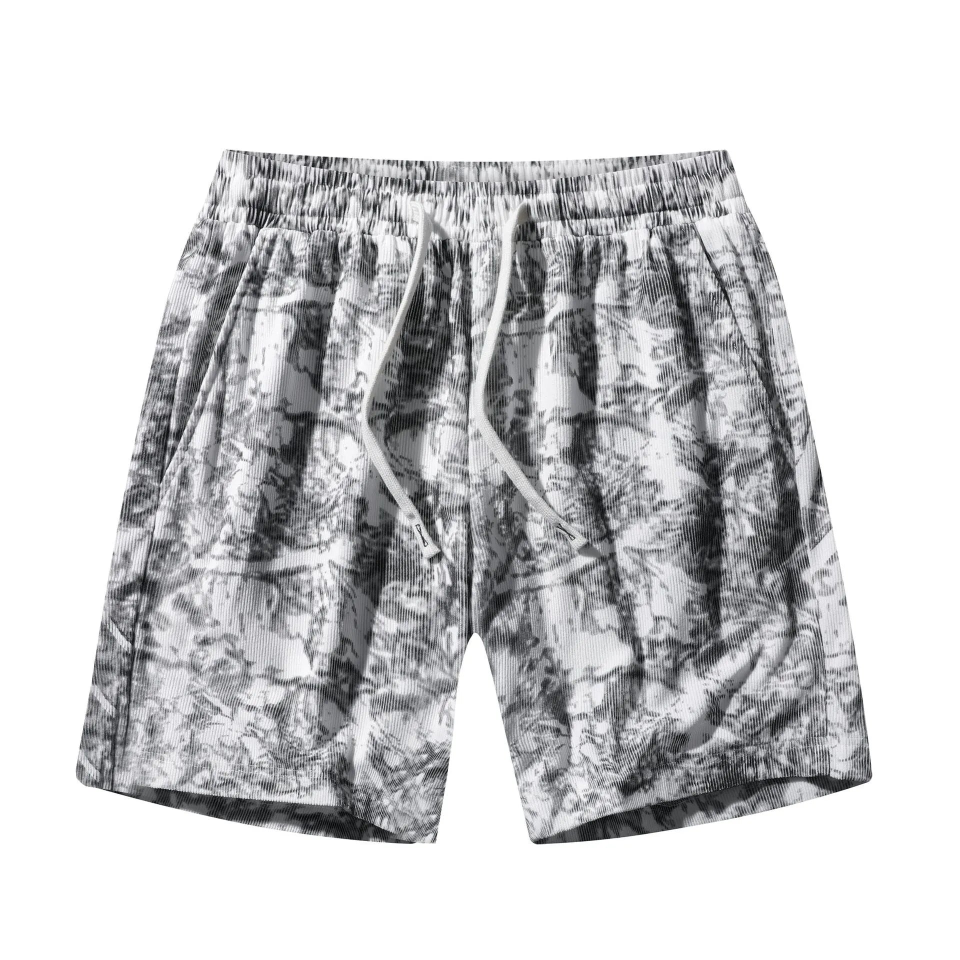 Men's black corduroy camouflage print athletic shorts with a high waist and straight-leg cut on a mannequin.