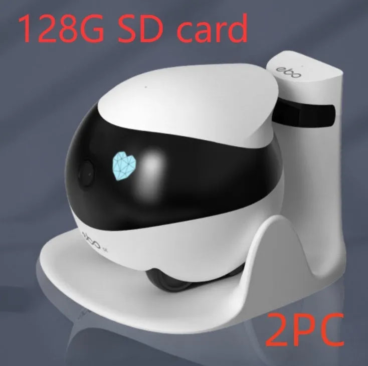 White smart home mobile surveillance robot camera with automatic docking station