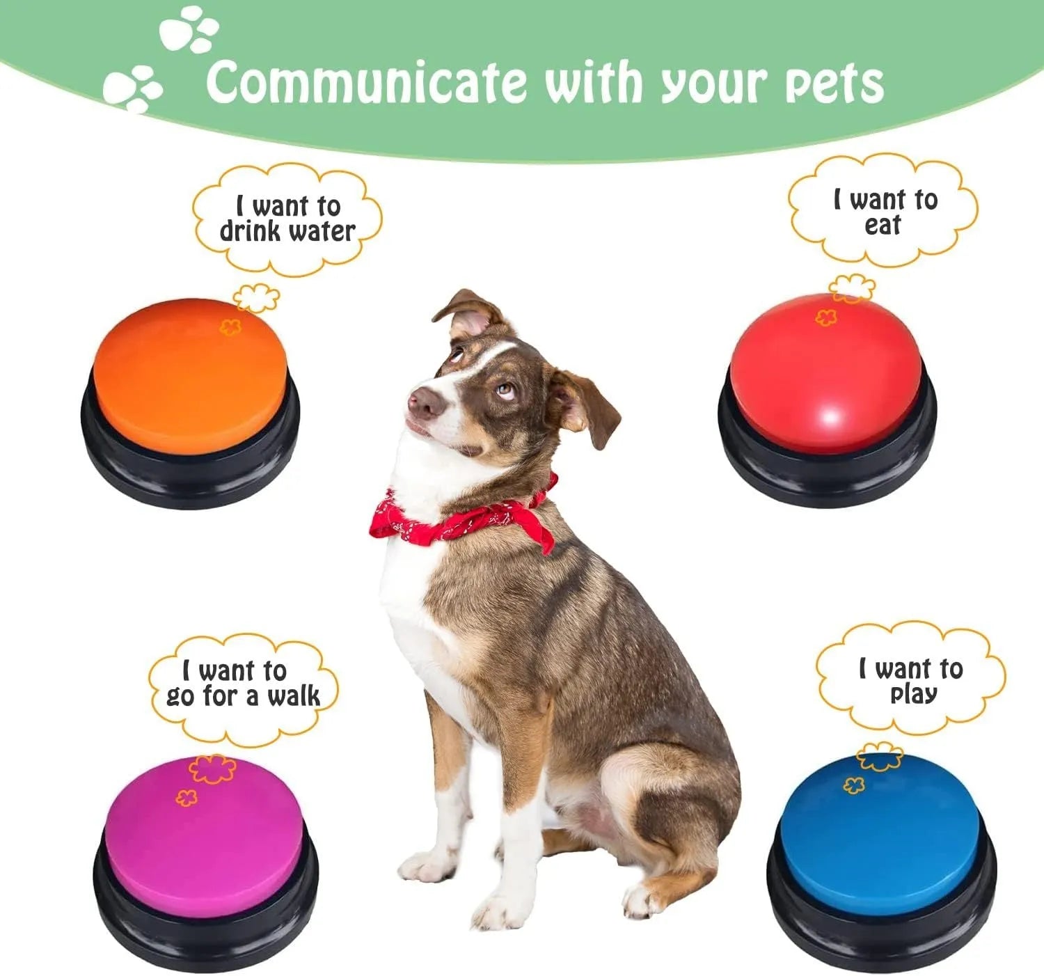 Voice recording dog training button device for 30-second custom message playback in five colour options