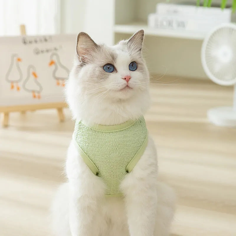 Knitted cat clothing with hollowed-out breathable design and cartoon bear patch in green colour