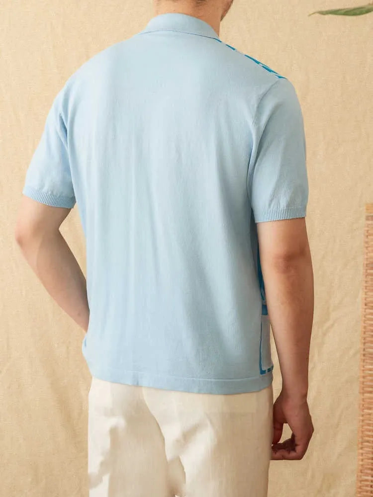 Men's striped cotton blend cardigan polo shirt with short sleeves and a lapel collar.