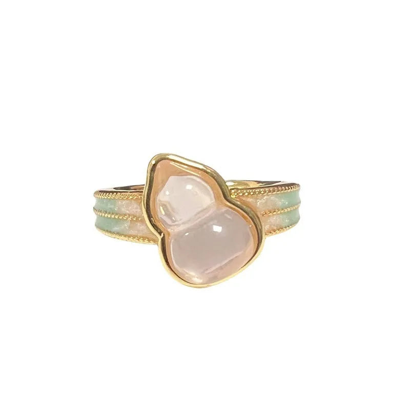 Copper adjustable gourd ring with vintage oil dripping finish and inlaid zircon stones