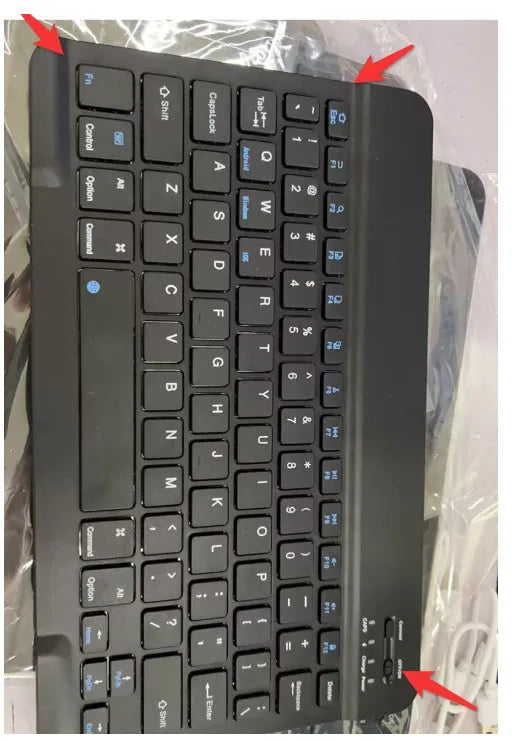 Black and white mini Bluetooth wireless keyboard shown in 10-inch, 9-inch, and 7-inch size options.