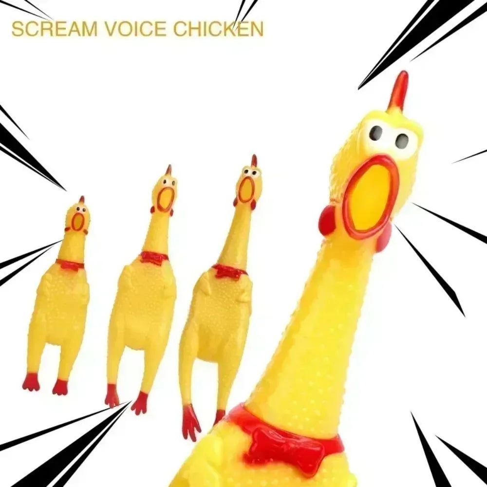 Yellow rubber screaming chicken dog squeak toy shown in three different sizes.