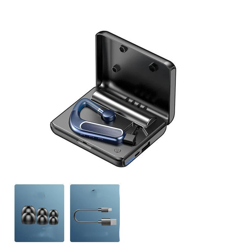 Black Bluetooth earphones with hanging ear design and silicone ear caps