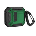 Two-tone plastic clamshell case for AirPods with carabiner hook attached