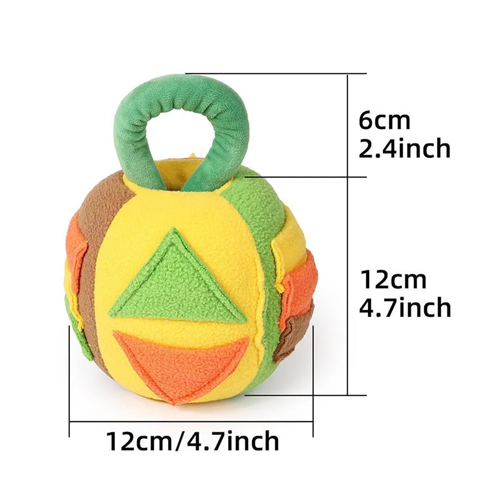 Green polyester dog plush squeaky ball toy with treat pockets, 12cm size
