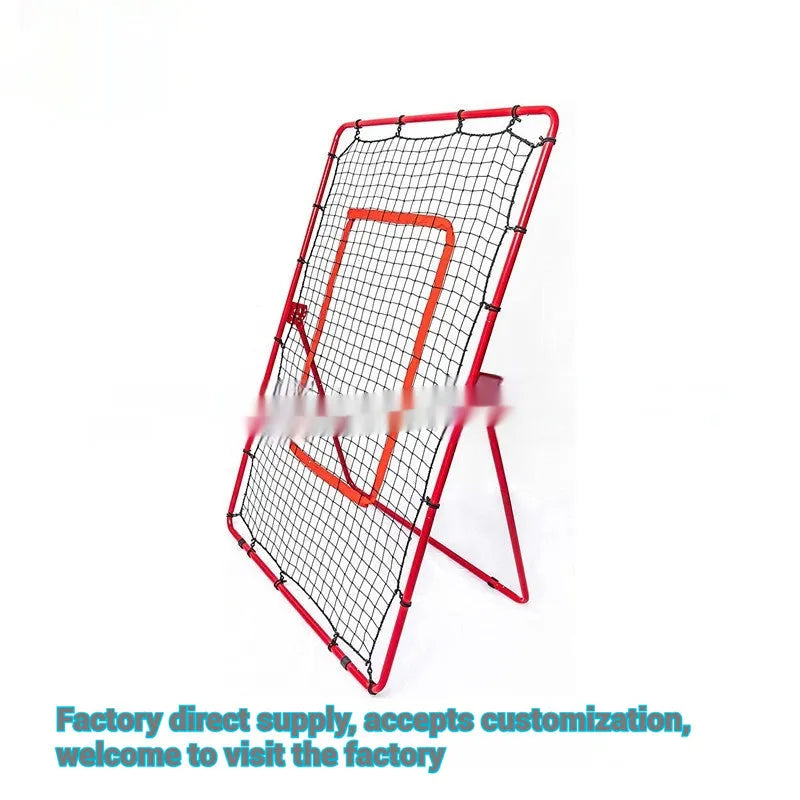 Red adjustable baseball training net with metal frame showing 4x6 feet dimensions