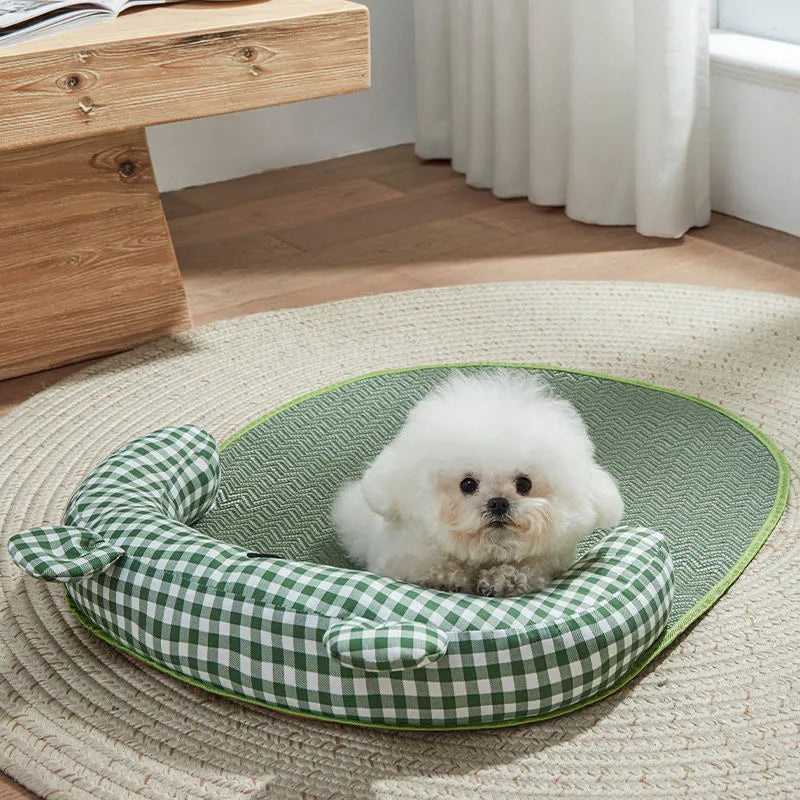 Green pet cooling mat for small dog in size L, 75 x 55cm, on a wooden floor