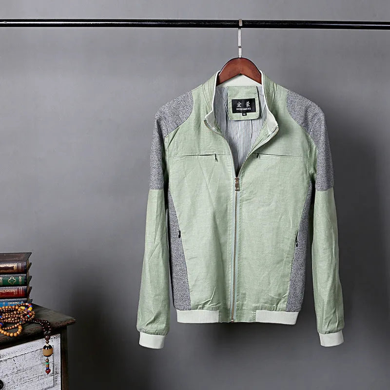 Men's thin linen jacket in heather gray, grass green, or blue, made from cotton, showing colour-matching pattern.