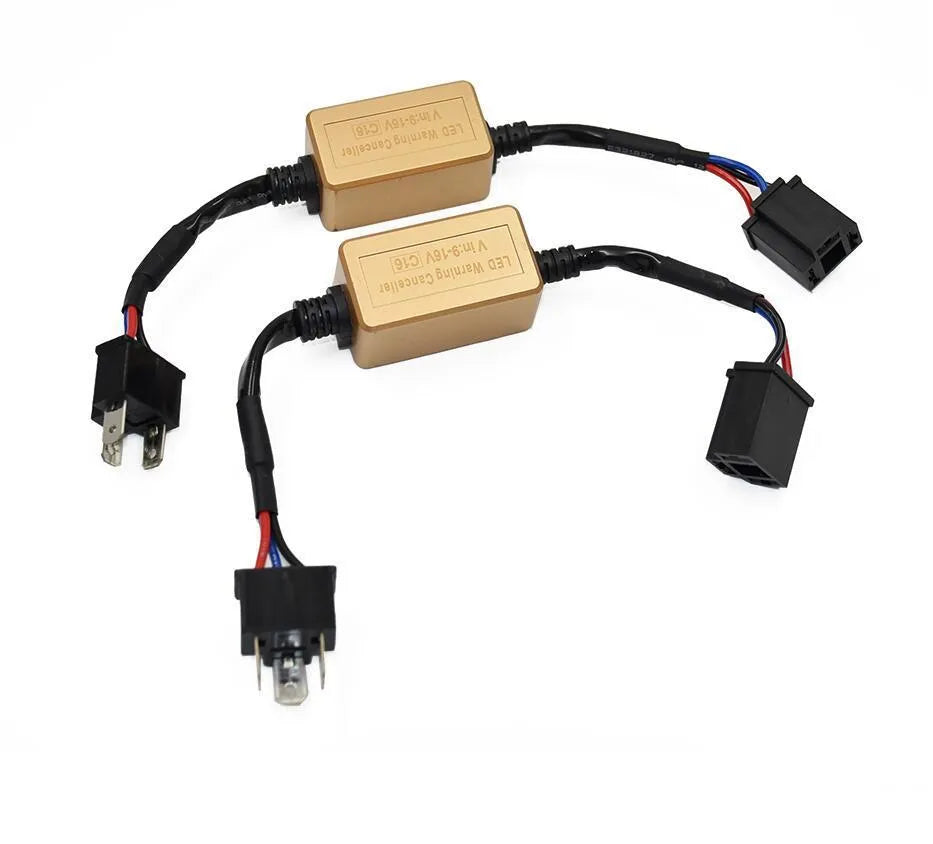 Black alloy CANbus decoder for car LED headlights compatible with H4 H7 H11 H13 bulb models.