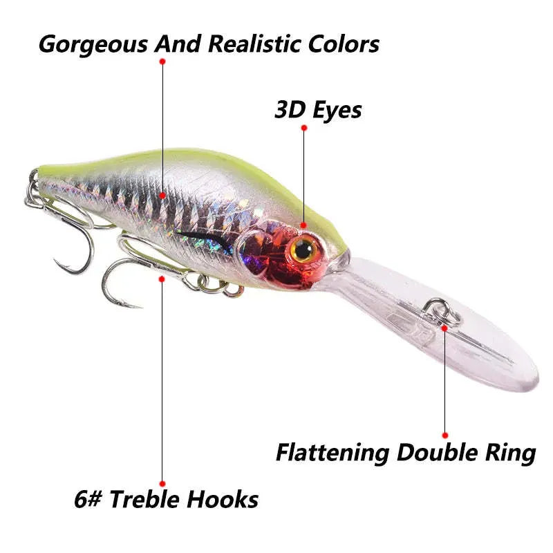 Deep diving fishing lure with long lip, 10.5cm length, in assorted colour patterns