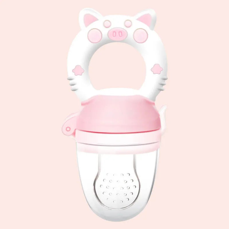 Silicone baby teether in blue, green, and pink colours with mouthpiece options