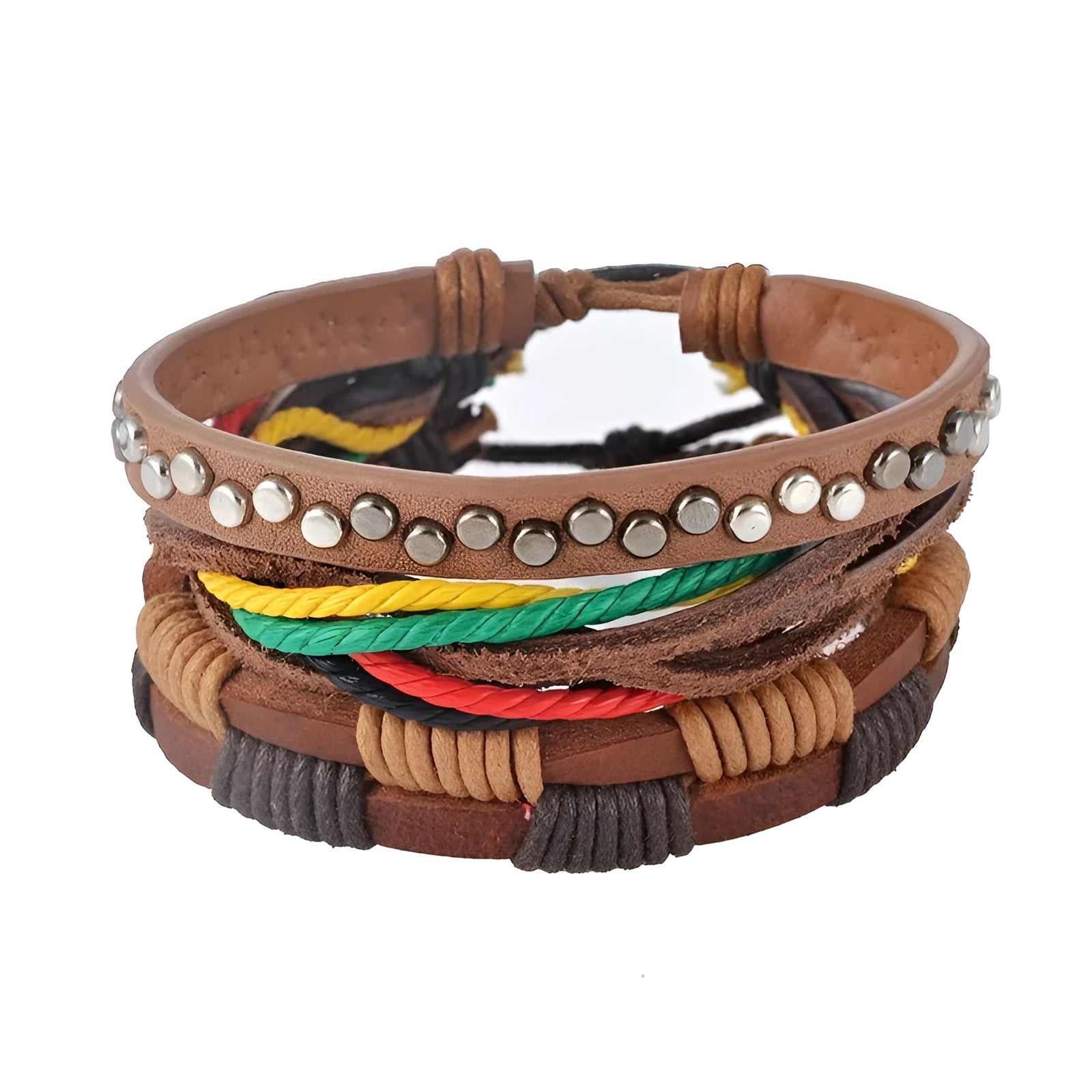Hand-woven leather bracelet with wooden beads and adjustable punk design