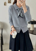 Lapel scarf sweater cardigan in acrylic fibre with splicing details and regular sleeves
