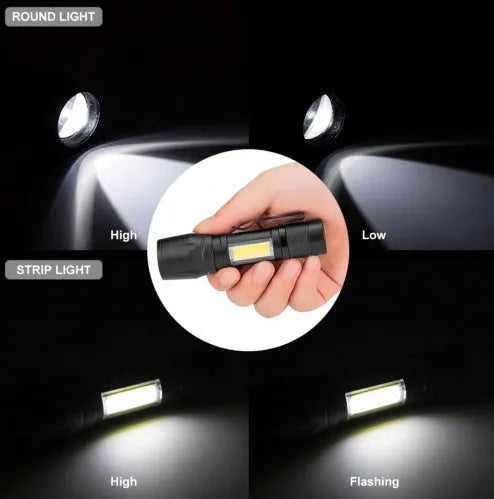 Small black aluminium alloy telescopic LED flashlight with adjustable focus and a pocket clip.