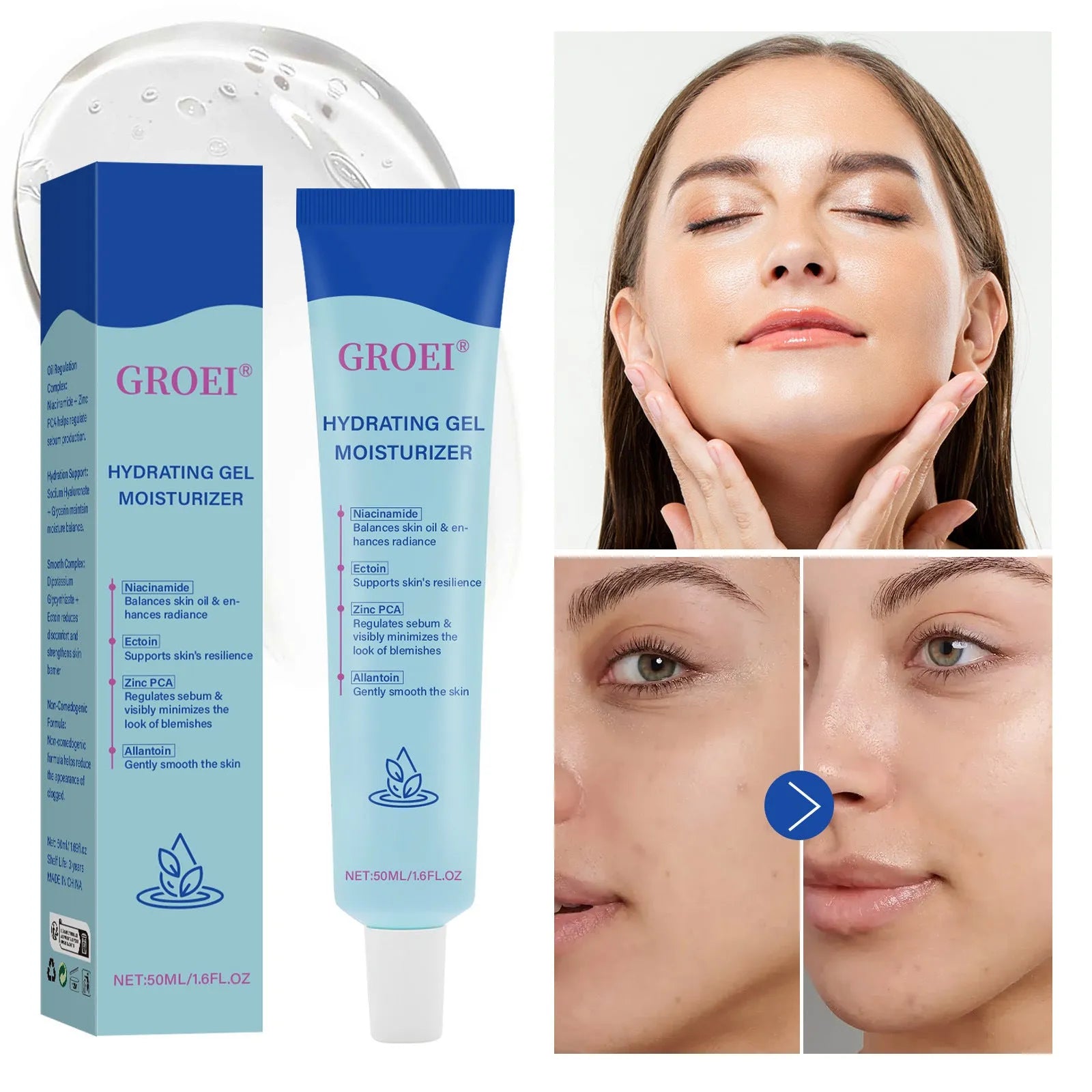 50ml container of hyaluronic acid moisturising facial gel for skin hydration