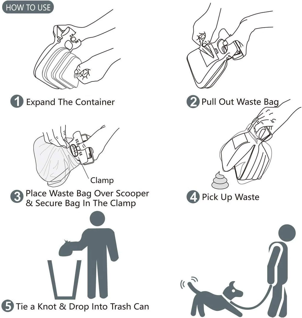 Blue handheld dog poop scooper with expandable container and integrated bag dispenser, shown with a carabiner clip.