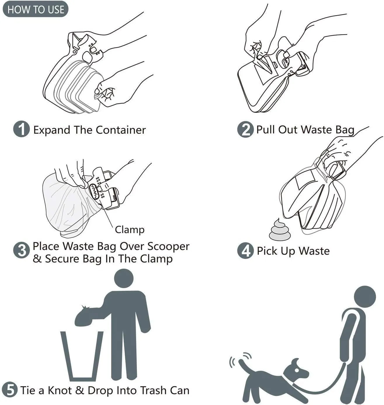 Blue handheld dog poop scooper with expandable container and integrated bag dispenser, shown with a carabiner clip.