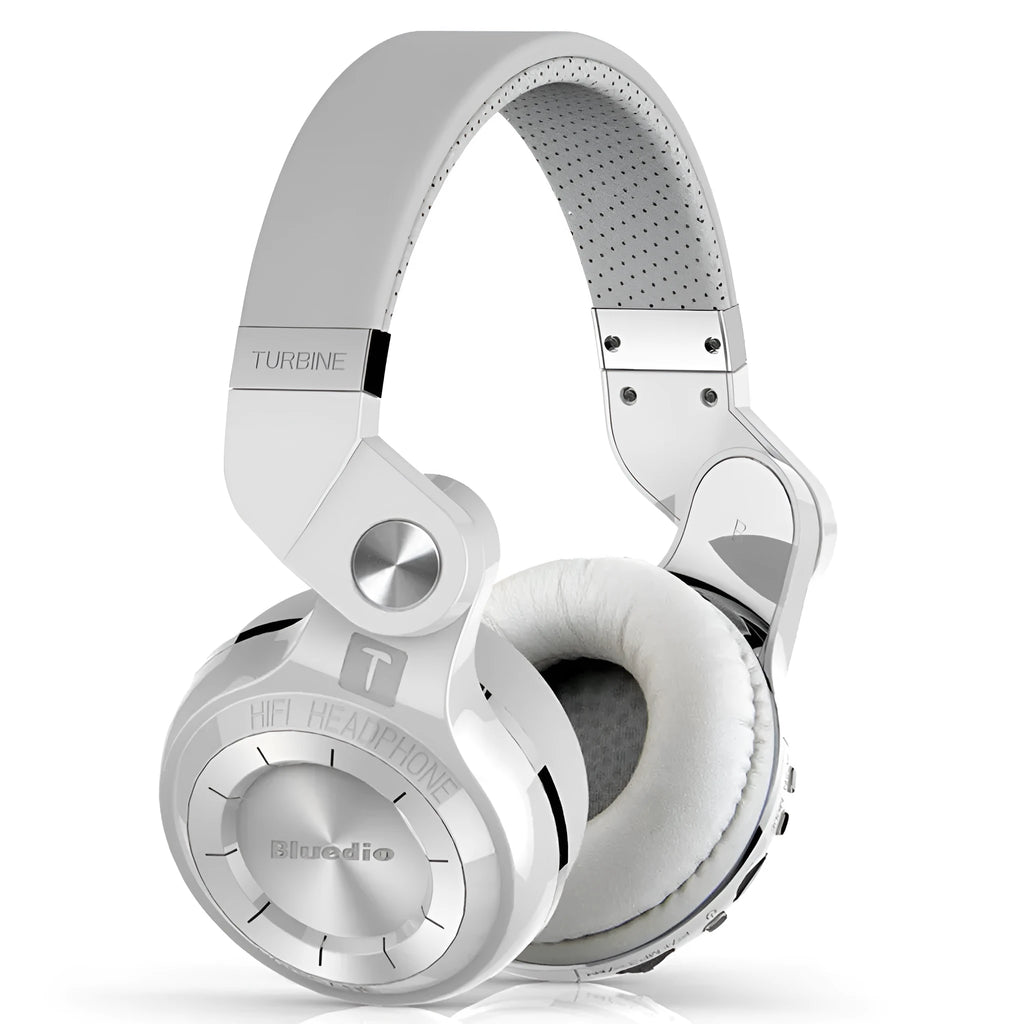 Black wireless Bluetooth over-ear headphones with a subwoofer on a white background.