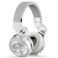 Black wireless Bluetooth over-ear headphones with a subwoofer on a white background.