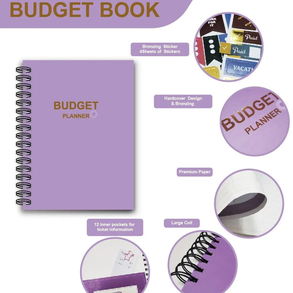 J12 purple coil-bound budget notebook with stickers and paper clips for financial planning
