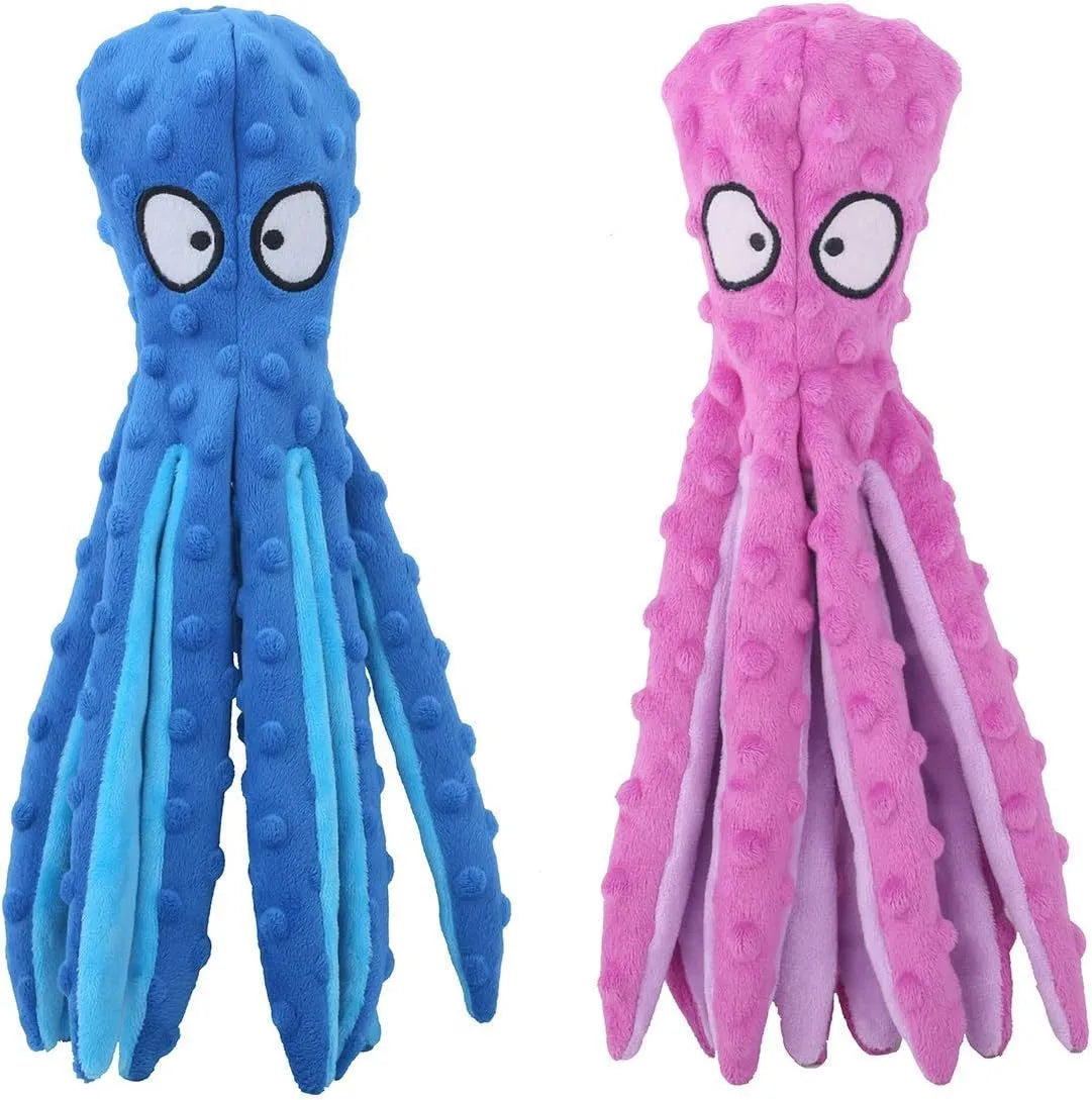 Blue dog squeaky toy octopus no stuffing crinkle plush on white background