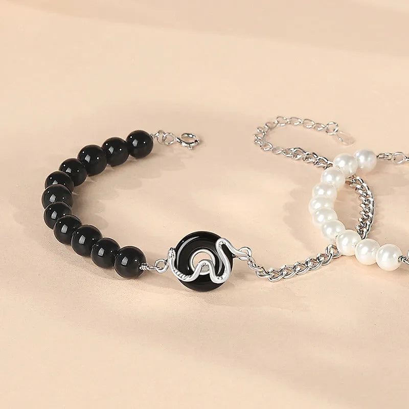 New Chinese style 925 sterling silver snake zodiac couple bracelet with obsidian pearls and safe buckle.