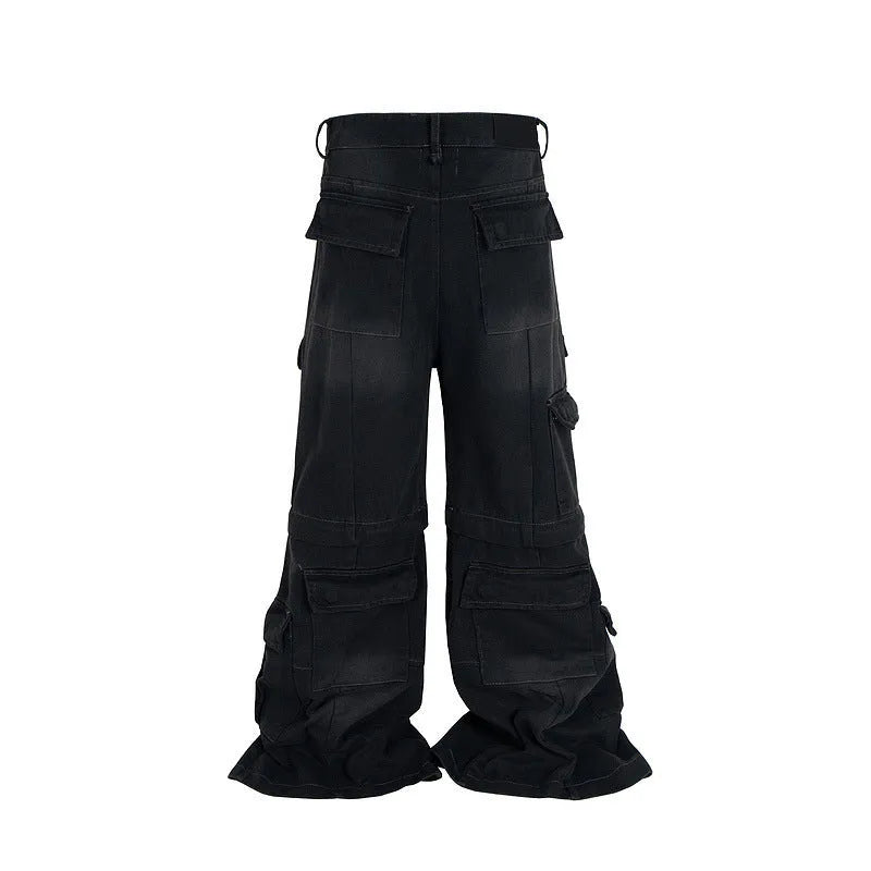 Cotton detachable washed-out multi-pocket overalls for teenagers, black, front view